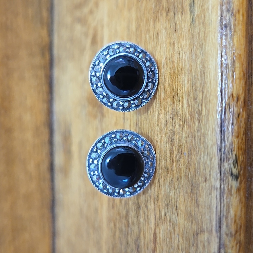 Onyx Sterling Silver Marcasite Earrings